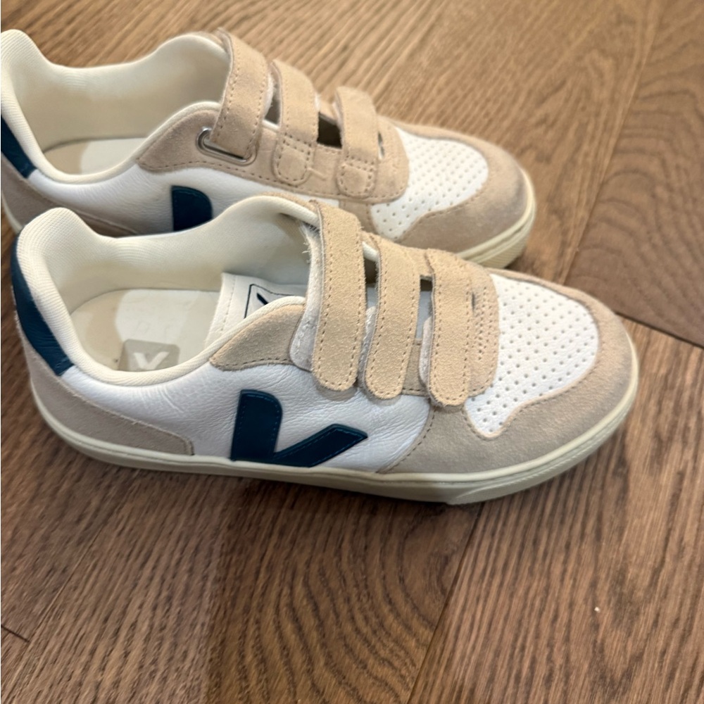 Veja Kids Velcro Sneakers - White and Tan with Blue Accents